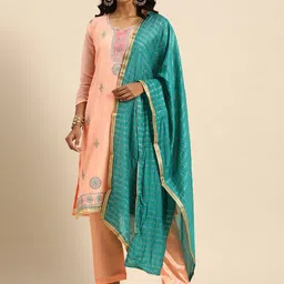 Rajnandini Peach-Coloured & Green Embroidered Unstitched Dress Material-5