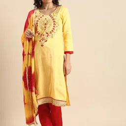 Rajnandini Yellow & Red Embroidered Unstitched Dress Material-4