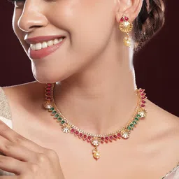 Rubans 24K Gold-Plated Ruby Red & Emerald Green Kundan Studed Necklace Set with Pearl Drop-29