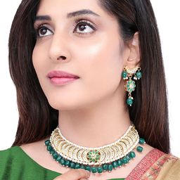 Yellow Chimes Gold-Plated Green & White Stone-Studded & Beaded Handcrafted Jewellery Set-image-18
