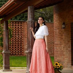 Global Desi Women Peach Pink & Gold-toned Embellished Paneled Flared Maxi Skirt-37