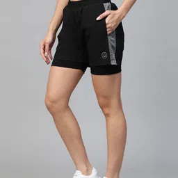 CHKOKKO Women Black Side Panelled Regular Fit Double Layered Running Shorts-10