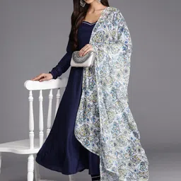 Inddus Women Navy Blue Printed Pleated Gotta Patti Kurta with Trousers & With Dupatta-27