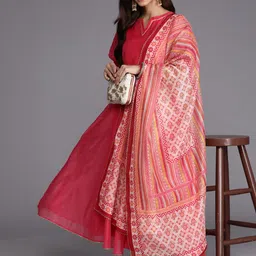 Inddus Women Pink Printed Gotta Patti Chanderi Cotton Kurta with Trousers & With Dupatta-picture-30