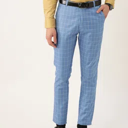 SOJANYA Men Blue & Off-White Checked Smart Regular Fit Formal Trousers-picture-8