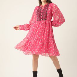 Antheaa Women Pink & White Floral Print Cuffed Sleeves Tiered A-Line Dress-picture-0