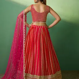 Fusionic Red & Gold-Toned Embroidered Sequinned Semi-Stitched Lehenga & Unstitched Blouse With Dupatta image 2