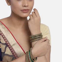 Peora Set of 10 Green Handcrafted Silk Thread Kundan Studded Chuda Bangles-33