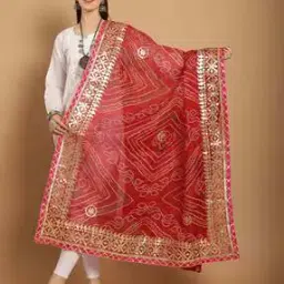 Women Bandhani Print Dupatta with Lace Border-image-100