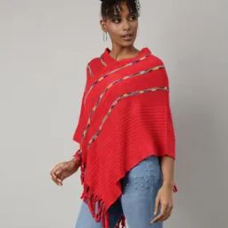 Women Striped V-Neck Poncho-image-57
