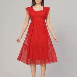 jc4u Women Swiss-Dot Square-Neck Fit & Flare Dress-picture-4
