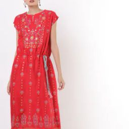 Printed A-line Dress with Tie-Up-image-93