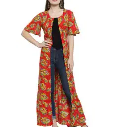 Leaf Print Open-Front Long Shrug-19