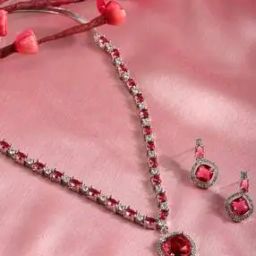 Women Rhodium-Plated American Diamond Studded Necklace & Earrings Set-image-9