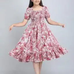 Girls Leaf Print Tiered Dress with Short Sleeves-image-14