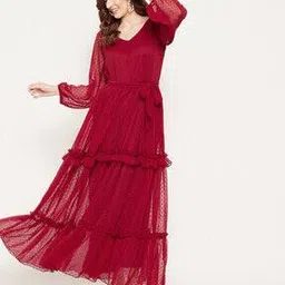 bitterlime Swiss Dot V-Neck Tiered Dress with Waist Tie-Up-picture-16