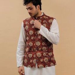 Men Floral Print Nehru Jacket with Welt Pockets-29