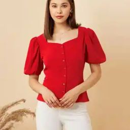 Women Regular Fit Sweetheart-Neck Top with Puffed Sleeves-13