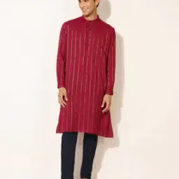 Striped Long Kurta with Nehru Jacket-image-0