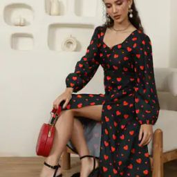 Shein Cute Peasant Sleeves Slit Hem Novelty Heart Print A-line Dress-image-18