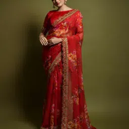 Floral Print Saree with Scalloped Border-picture-21