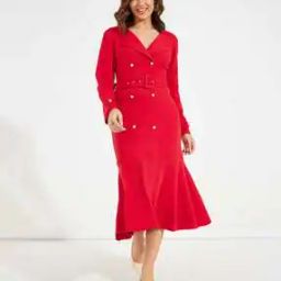 Women A-Line Dress with Waist Tie-Up-image-2