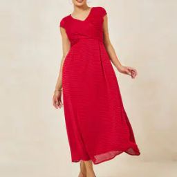 Women V-Neck Short Sleeves Wrap Detail A-Line Maxi Dress-image-1