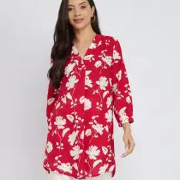 Women Cotton Floral Pleated V-Neck Tunic-image-5