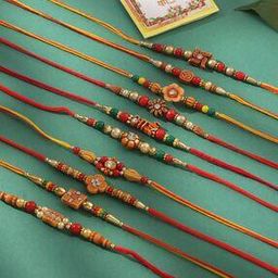Men Set of 10 Floral Design Thread Rakhi With Roli Chawal-image-2