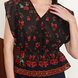 Shein Cute Extended Sleeve Flared Hem Loose Fit Floral Top with Ruched Waist-image-60