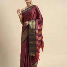 Women Floral Woven Saree with Contrast Zari Border-image-2