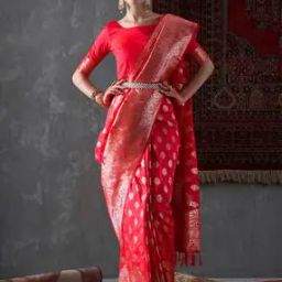 Floral Woven Saree with Contrast Border & Tassels-image-26