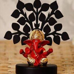 Gold Plated Red Mukut Ganesha Decorative Showpiece with Wooden Tree for Home/Temple/Office/Car Dashboard-image-3