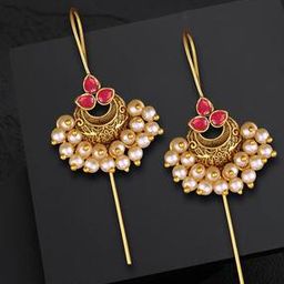Stone-Studded Ear Cuff Earrings with Pearl Drops-image-2