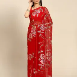 Floral Print Saree with Contrast Border-image-3