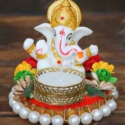 Lord Ganesha Idol on Decorative Plate with Tea Light Holder-image-93