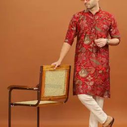 Men Regular Fit Floral Print Long Kurta-image-9