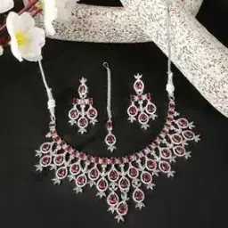 Rhodium-Plated Stone-Studded Necklace & Earrings with Maangtika Set-image-38