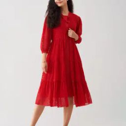 Women Fit & Flare Dress with Puff Sleeves-image-76