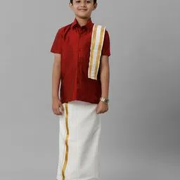 Boys Cotton Silk Shirt Dhoti Set with Towel-image-2