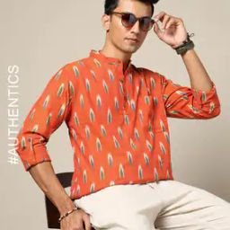 South Ikat Cotton Short Kurta with Roll-Up Sleeves & Patch Pocket-image-10