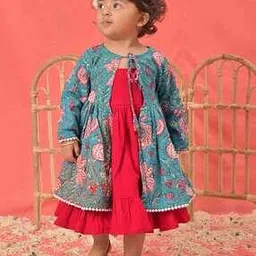 vastramay sishu Girl Fit & Flare Dress with Floral Print Jacket-picture-6
