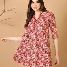 Women Floral Print Mandarin Collar Tunic-image-1