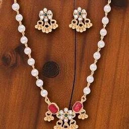 Women Gold-Plated Stone-Studded Beaded Necklace & Earrings Set-image-98