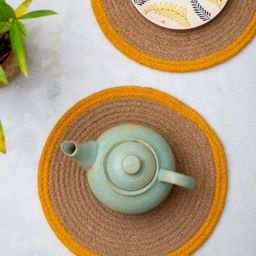 JASMEY HOMES Brown & Yellow Set of 2 Reversible Cotton Round Table Placemats-30