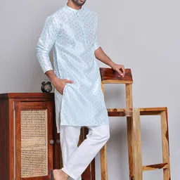 Jompers Floral Printed Mandarin Collar Silk Cotton Straight Kurta with Pyjamas-image-87