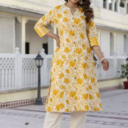 Pistaa Floral Printed Mandarin Collar Pure Cotton A-Line Kurta With Trousers-picture-2