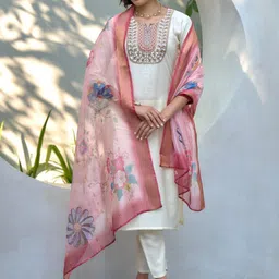 Jinal & Jinal Floral Yoke Design Notch Neck Thread Work Kurta With Trousers & Dupatta-image-56