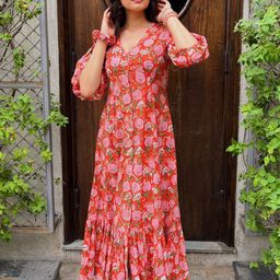 BlueRang Floral Printed V-Neck Puff Sleeves A-Line Maxi Dress-image-85