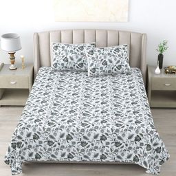 Wayne Martin Green & White Floral 300 TC Pure Cotton King Bedsheet With 2 Pillow Covers-image-74